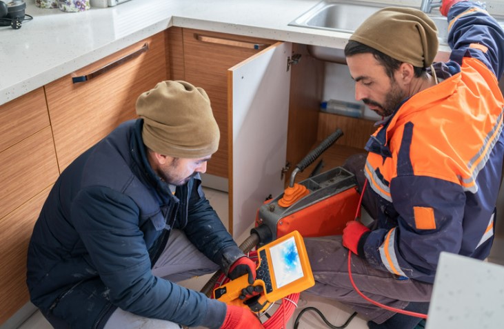 Two plumbers using CCTV to inspect a sink pipe